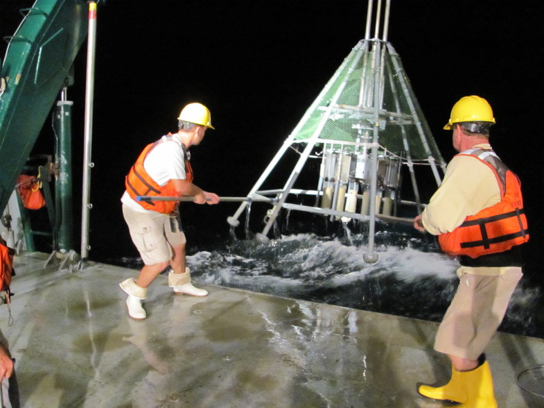 C-IMAGE scientists Patrick Schwing and David Hollander help bring in a multicorer, a device that samples sediment from the ocean floor. Inside the frame are eight thick plastic tubes that sink into the mud when the device hits the bottom, sealing the sediments inside. The samples will help Schwing and Hollander determine the extent to which oil has affected the ecosystem at the bottom of the Gulf of Mexico.