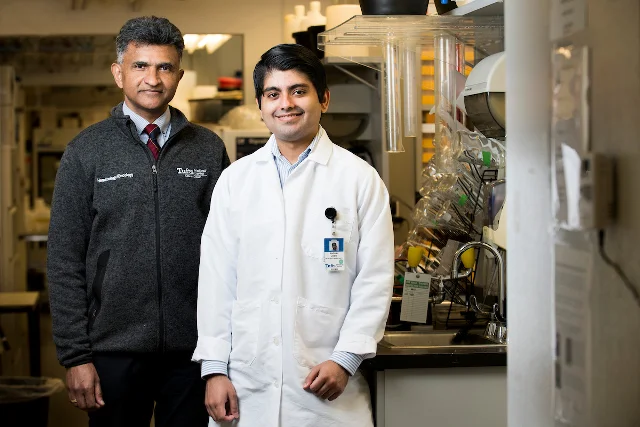 “This is not a home run. We’re only at first base here,” said Paul Mathew, left, with researcher Raghav Joshi. As with any promising treatment, the discovery must go down a long and circuitous road of testing to prove that it works before it can be used widely. Photo: Alonso Nichols